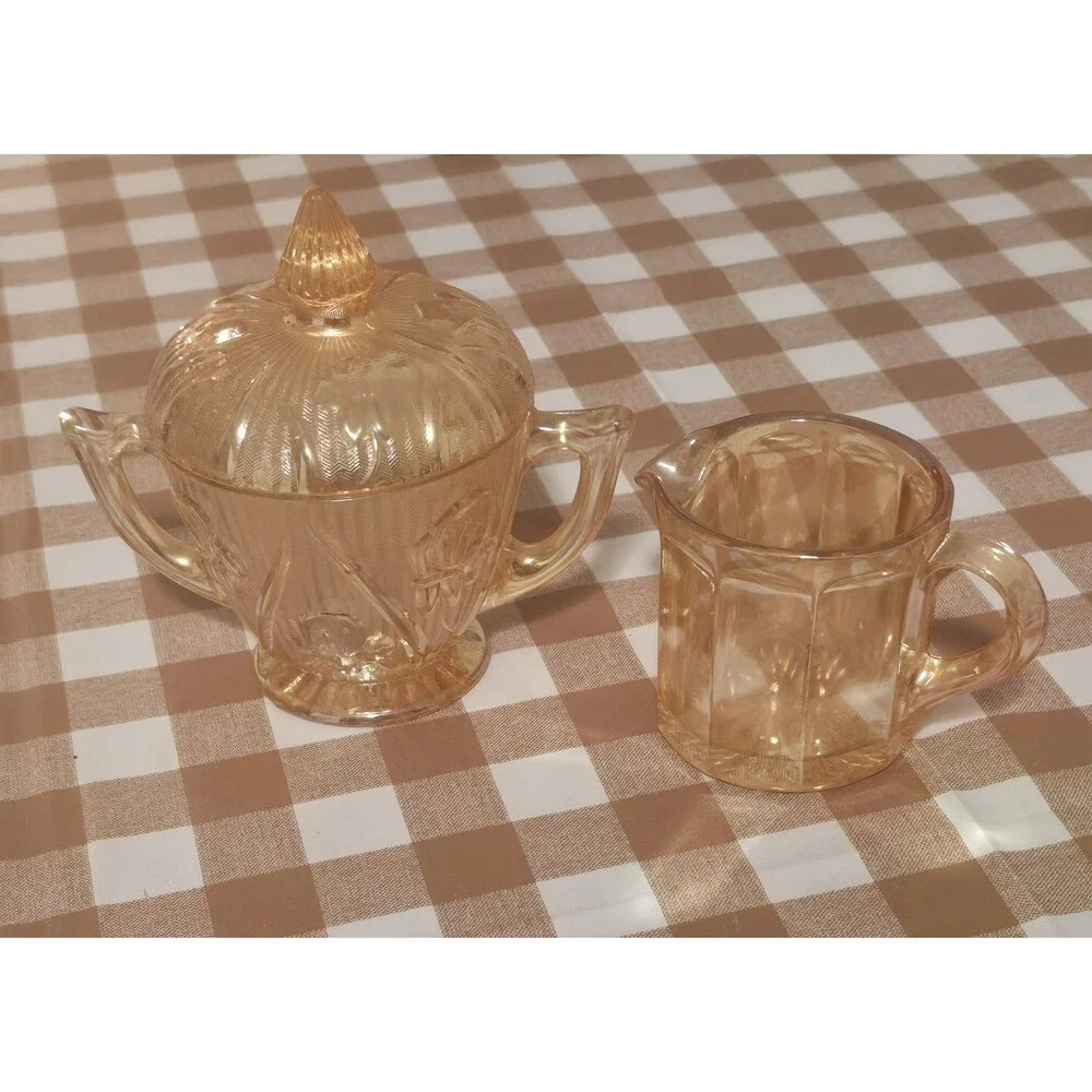 Vintage Marigold Carnival Glass Covered Sugar & Creamer